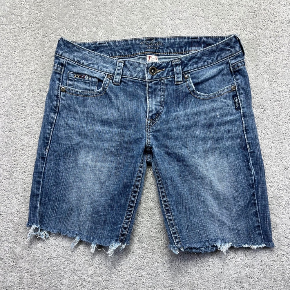 Silver Jeans Denim Shorts Womens 30 Blue Embroidered Distressed Low Rise Lola